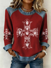 Women's Rock Print Denim Patchwork Top