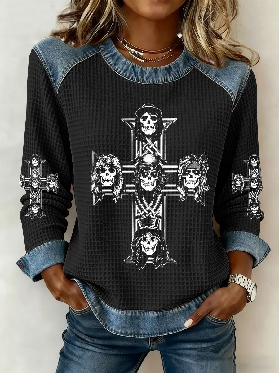 Women's Rock Print Denim Patchwork Top