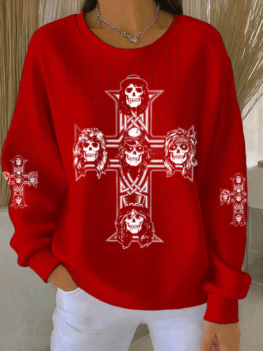 Women's Rock Print Ribbed Round-Neck Sweatshirt