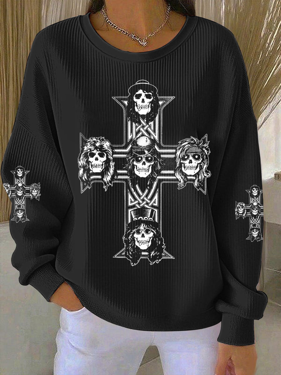 Women's Rock Print Ribbed Round-Neck Sweatshirt