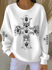 Women's Rock Print Ribbed Round-Neck Sweatshirt