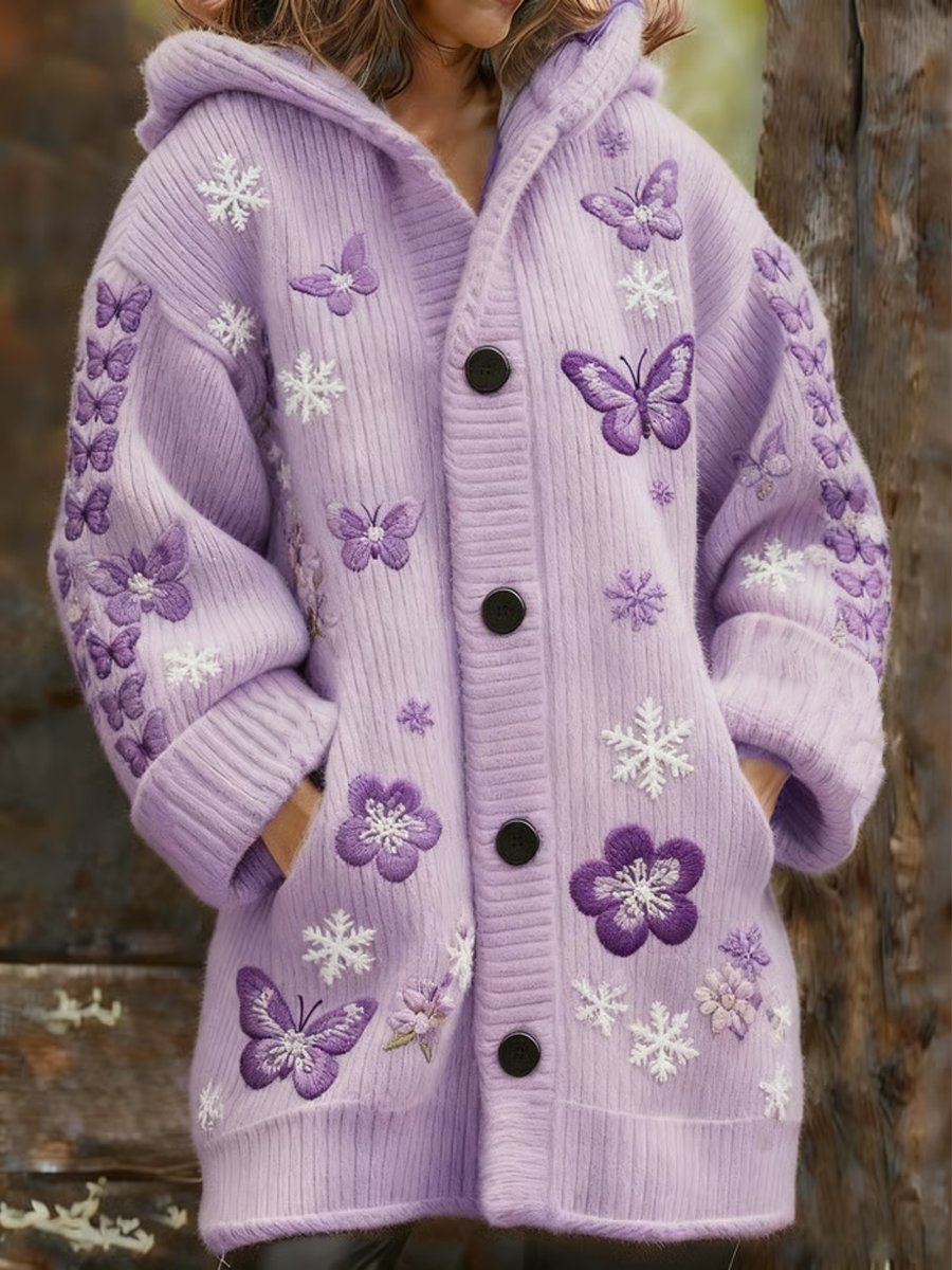 Women's Retro Purple Printed Composite Fleece Long Coat