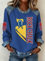 Women's Basketball Print Denim Patchwork Top