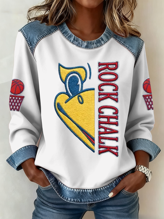Women's Basketball Print Denim Patchwork Top