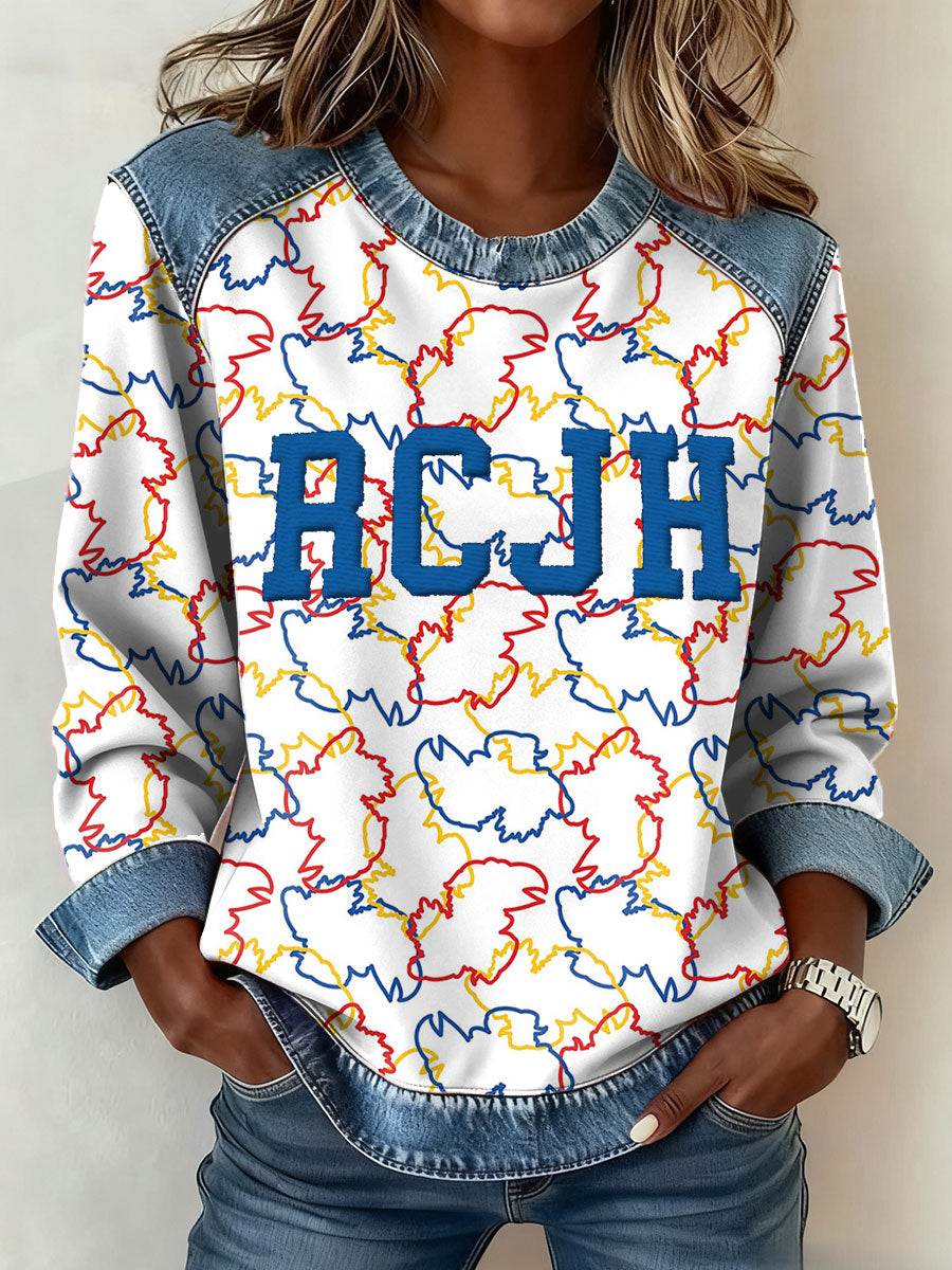 Women's Basketball Lover University Printed Denim Patchwork Top