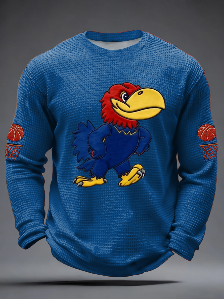 Men's Retro American Basketball Kansas Jayhawks Print Waffle Long Sleeve T-Shirt