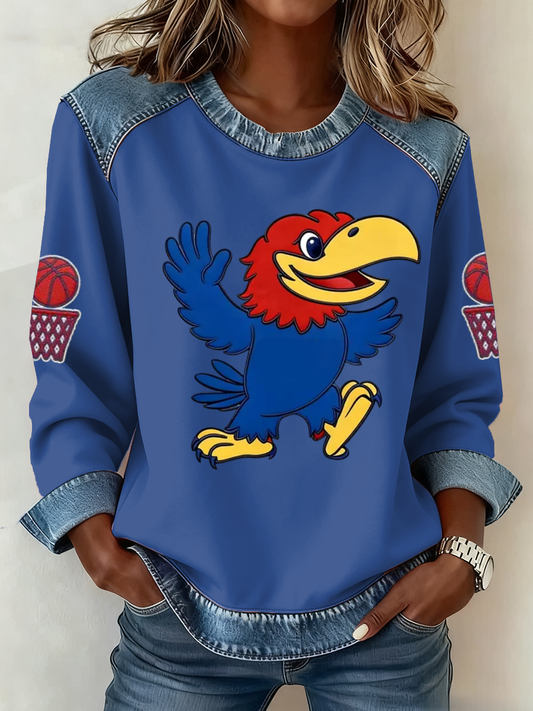 Women's Retro American Basketball Kansas Jayhawks Print Denim Patchwork Top