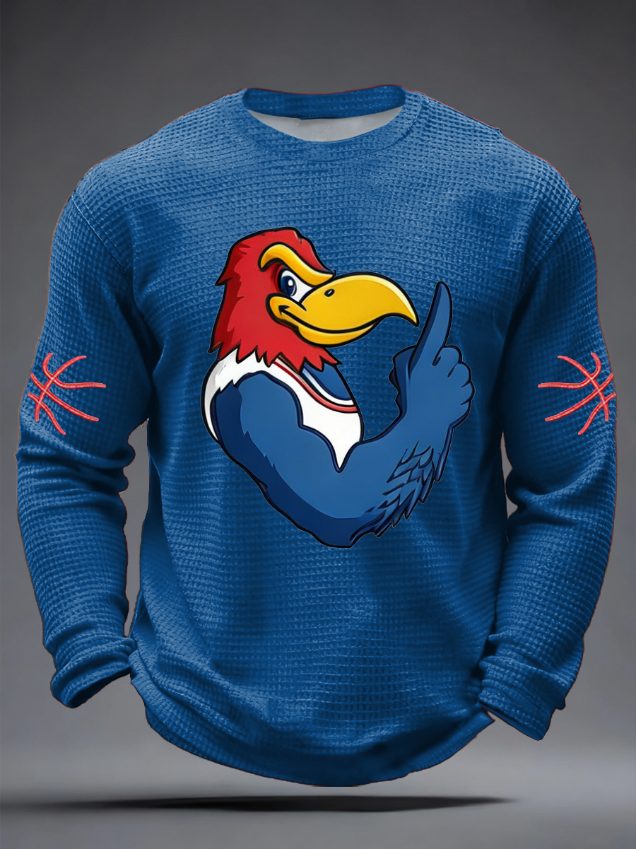 Men's Retro American Basketball Kansas Jayhawks Print Waffle Long Sleeve T-Shirt