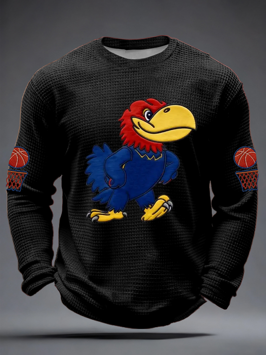 Men's Retro American Basketball Kansas Jayhawks Print Waffle Long Sleeve T-Shirt