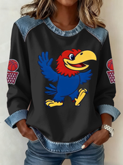 Women's Retro American Basketball Kansas Jayhawks Print Denim Patchwork Top