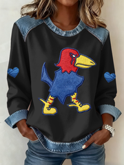 Women's Retro American Basketball Kansas Jayhawks Print Denim Patchwork Top