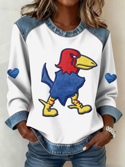 Women's Retro American Basketball Kansas Jayhawks Print Denim Patchwork Top