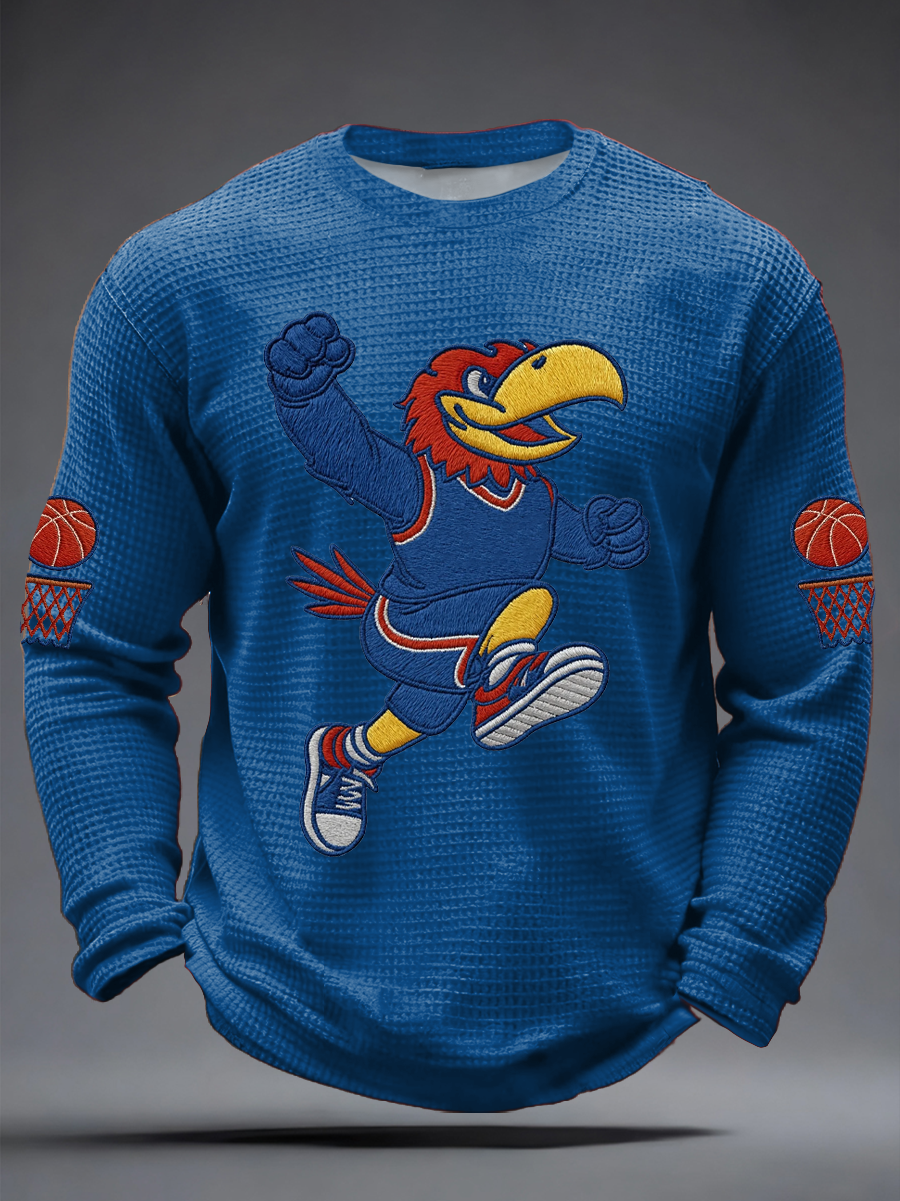Men's Retro American Basketball Kansas Jayhawks Print Waffle Long Sleeve T-Shirt