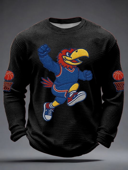 Men's Retro American Basketball Kansas Jayhawks Print Waffle Long Sleeve T-Shirt