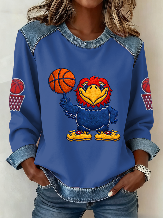 Women's Retro American Basketball Kansas Jayhawks Print Denim Patchwork Top