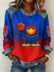 Women's Retro American Basketball Kansas Jayhawks Print Denim Patchwork Top
