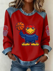 Women's Retro American Basketball Kansas Jayhawks Print Denim Patchwork Top