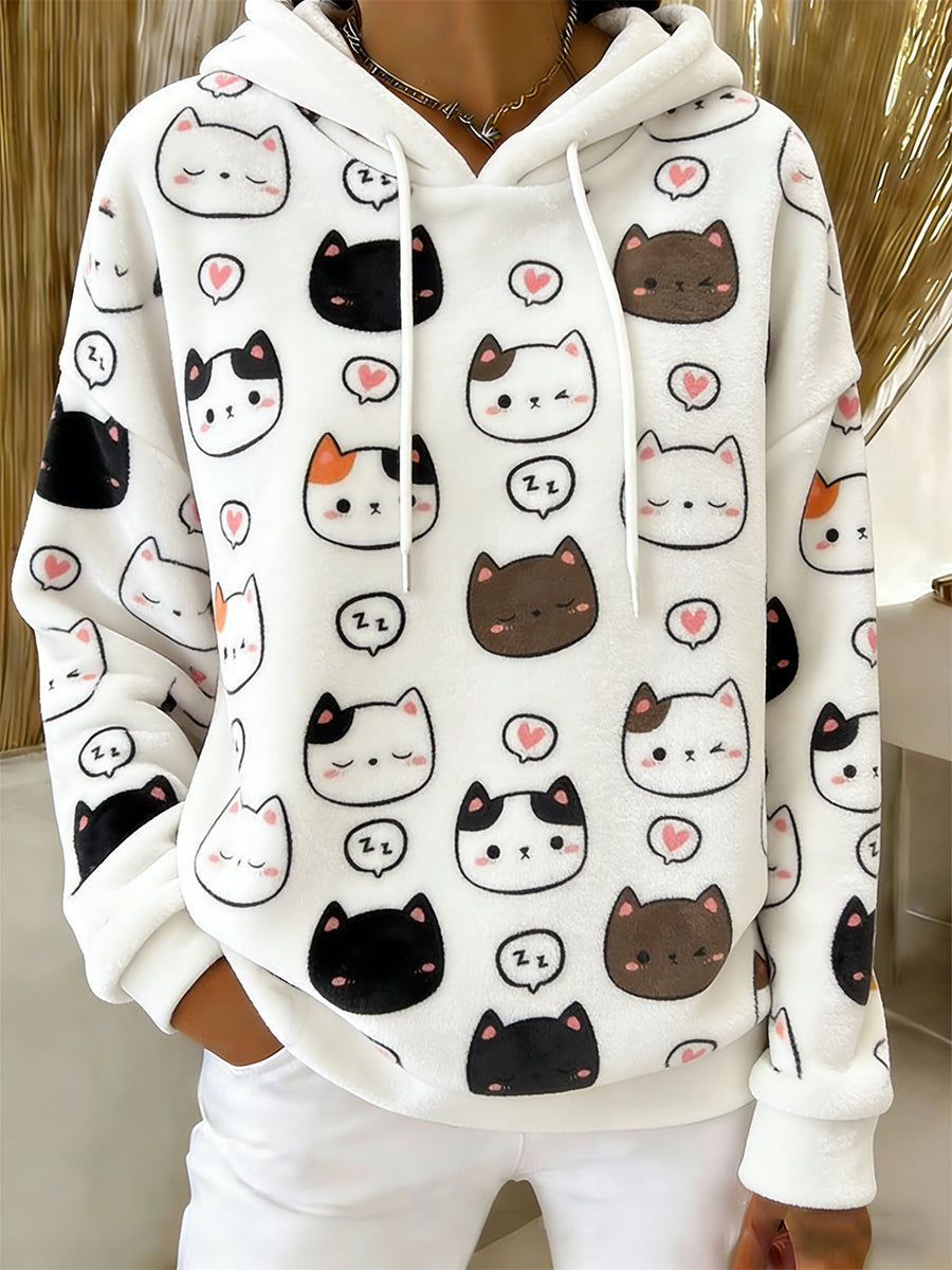 Women's Cute  Cat Art Print Casual Flannel Hoodie