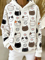 Women's Cute  Cat Art Print Casual Flannel Hoodie