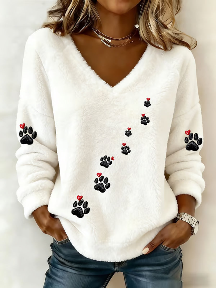 Women's Cute Cat Heart And Paws Flannel V-Neck Top