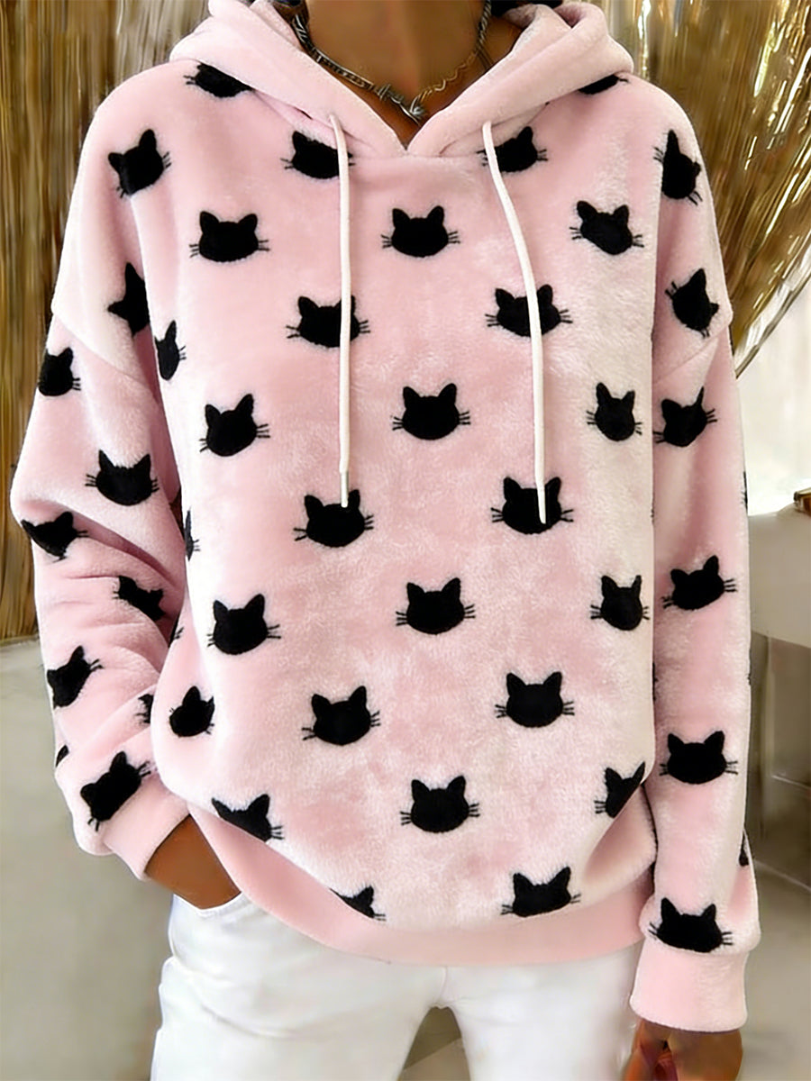 Women's Cute  Cat Art Print Casual Flannel Hoodie