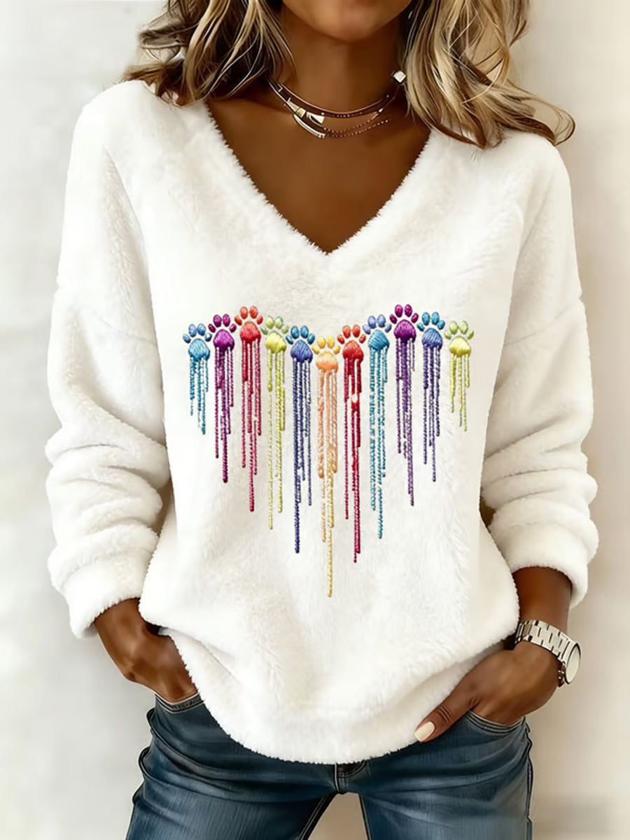 Women's Colorful Dog Heart Paw Flannel V-Neck Top