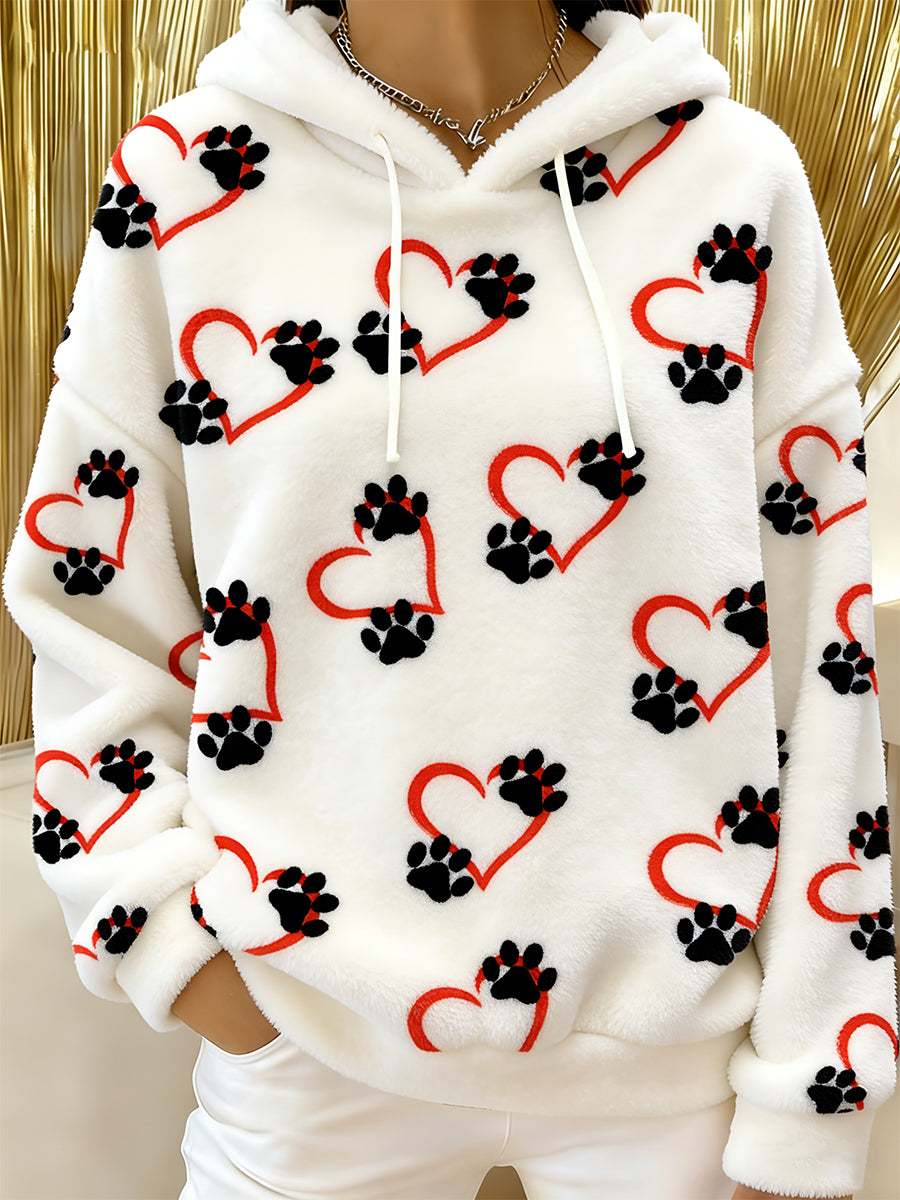 Women's Cute Cat Heart And Paws Flannel Hoodie