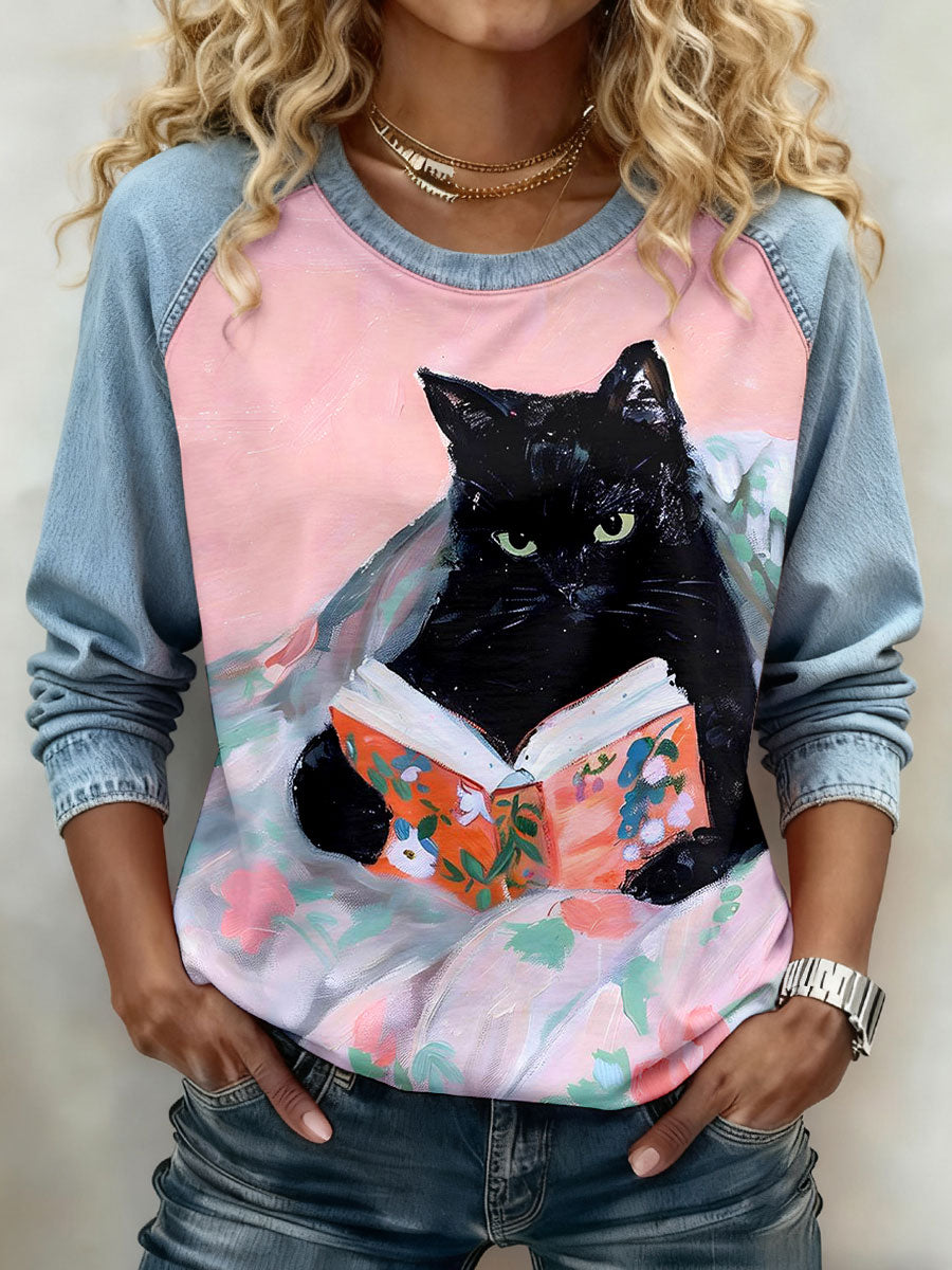 Women's Black Cat Print Sweatshirts