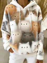 Women's Cute  Cat Art Print Casual Flannel Hoodie