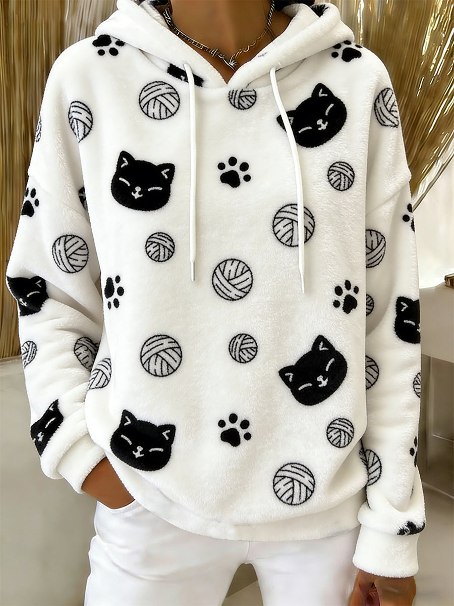 Women's Cute  Cat Art Print Casual Flannel Hoodie