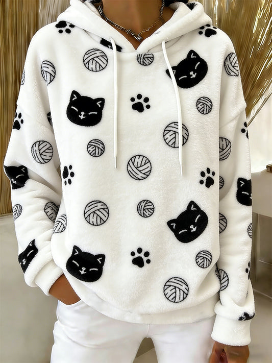 Women's Cute  Cat Art Print Casual Flannel Hoodie