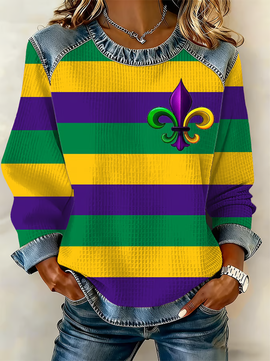 Women's Mardi Gras Fleur De Lis Denim Patchwork Top