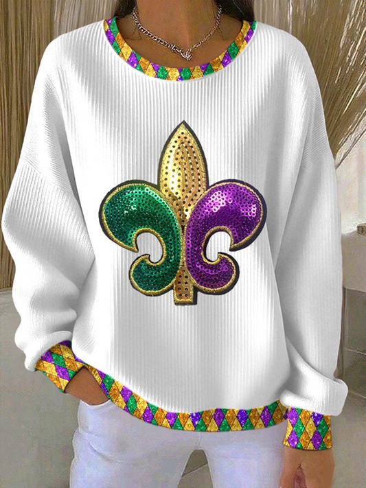 Women's Mardi Gras Fleur De Lis Ribbed Round-Neck Sweatshirt