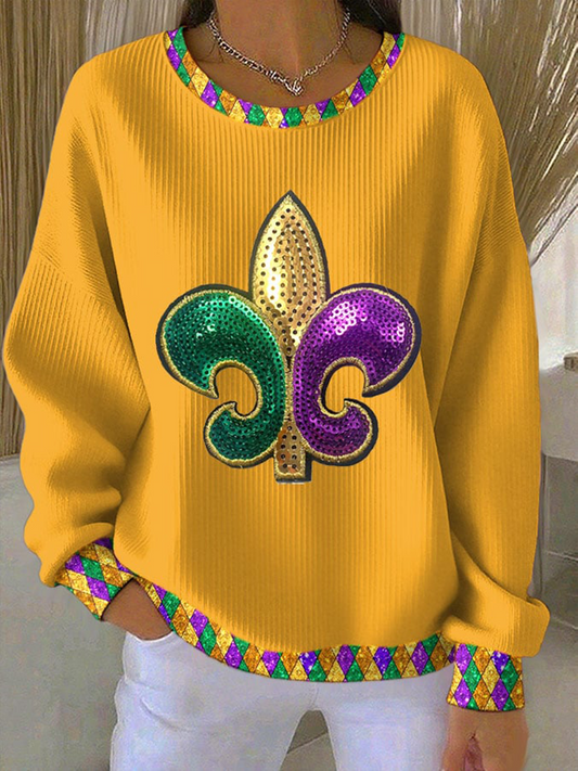 Women's Mardi Gras Fleur De Lis Ribbed Round-Neck Sweatshirt