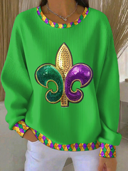 Women's Mardi Gras Fleur De Lis Ribbed Round-Neck Sweatshirt