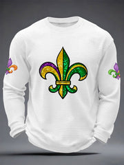 Men's Mardi Gras Fleur De Lis Print Casual Waffle Long Sleeve T-Shirt