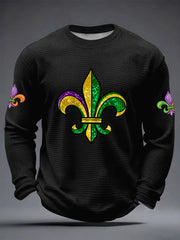 Men's Mardi Gras Fleur De Lis Print Casual Waffle Long Sleeve T-Shirt