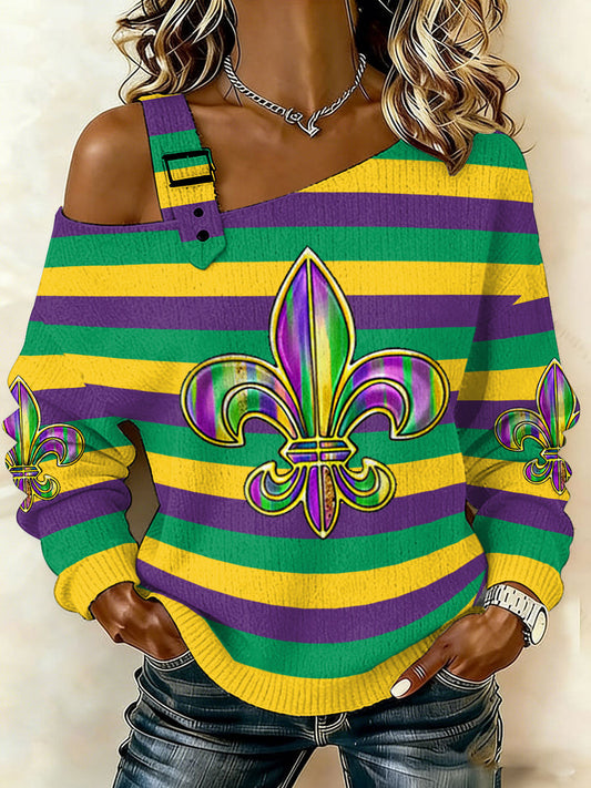 Women's Mardi Gras Fleur De Lis Print Casual Off-Shoulder Top
