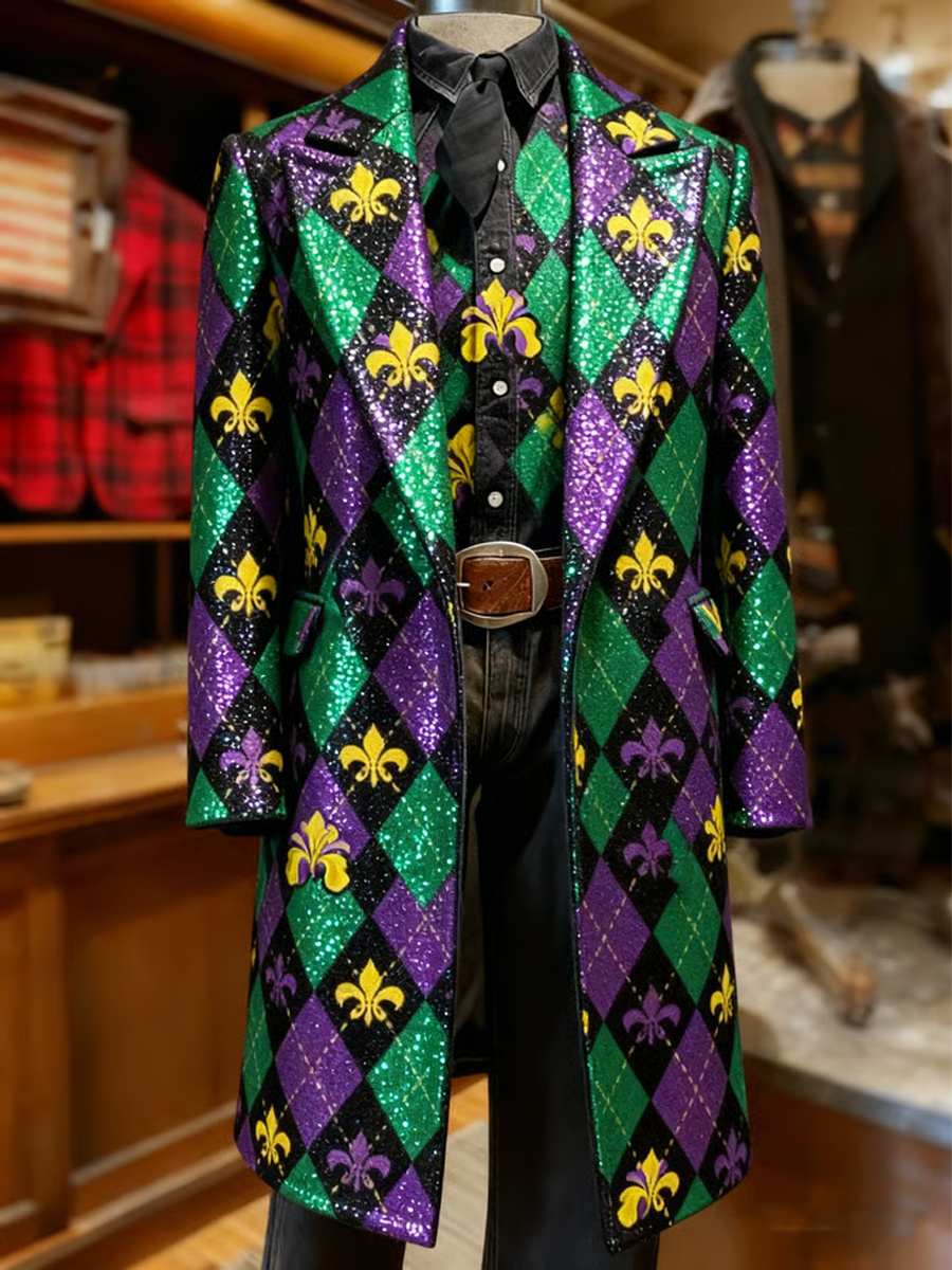 Men's Business Vintage Mardi Gras Fleur-de-lis Print Long Coat