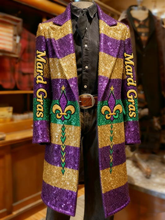 Men's Business Vintage Mardi Gras Fleur-de-lis Print Long Coat