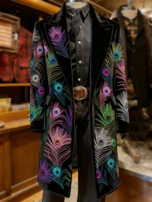 Men's Business Vintage Mardi Gras Mask Feathers Print Long Wool Coat