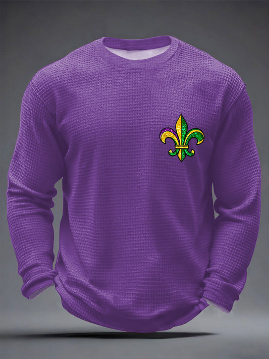 Men's Mardi Gras Fleur De Lis Colorblock Print Casual Waffle Long Sleeve T-Shirt