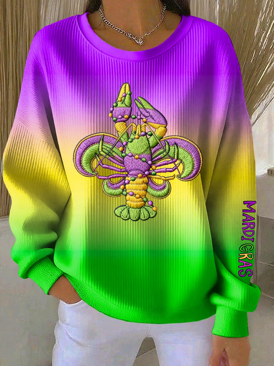 Women's Mardi Gras Crawfish Print Ribbed Round-Neck Sweatshirt