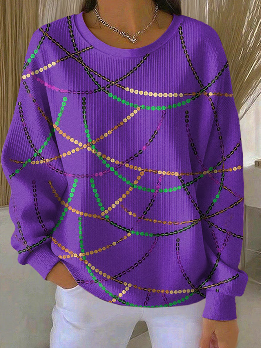 Women's Mardi Gras Printed Ribbed Round-Neck Sweatshirt