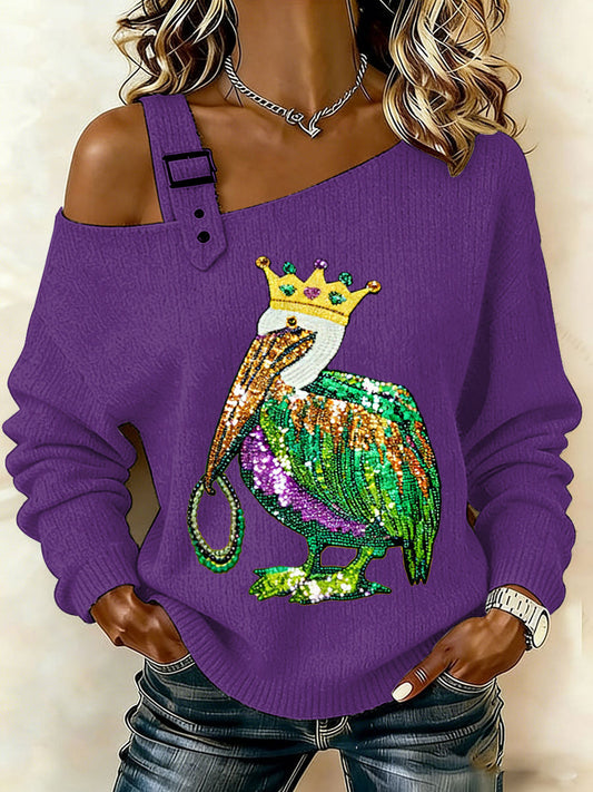 Women's Mardi Gras Pelican Print Casual Off-Shoulder Top