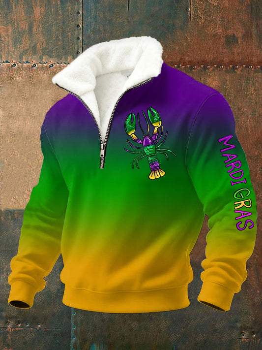 Men's Mardi Gras Lobster Print Plush Zipper Pullover