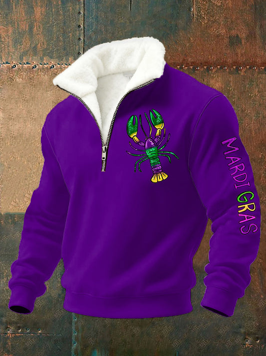 Men's Mardi Gras Lobster Print Plush Zipper Pullover