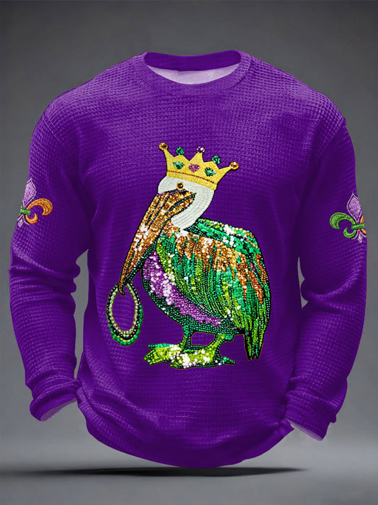 Men's Mardi Gras Pelican Print Casual Waffle Long Sleeve T-Shirt