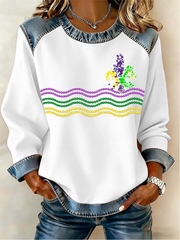 Women's Mardi Gras Fleur De Lis Denim Patchwork Top