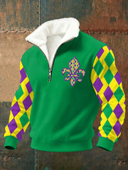 Men's Mardi Gras Fleur De Lis Print Casual Plush Zipper Pullover